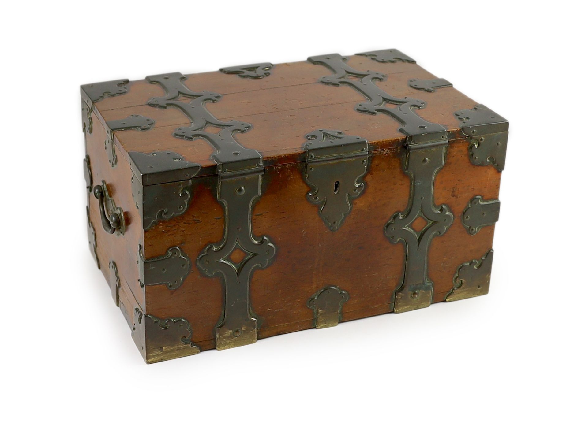 A mid 19th century brass bound stained pine North German Armada chest, with strapwork banding and brass loop handles, width 46cm depth 30cm height 23cm